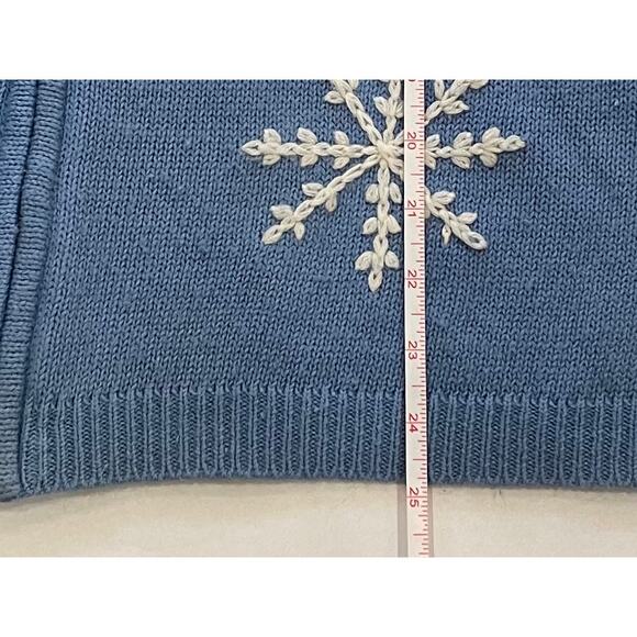 Light Blue Ramie Blend Zip Up Sweater Jacket White Embroidered Snowflakes, L - Picture 10 of 10